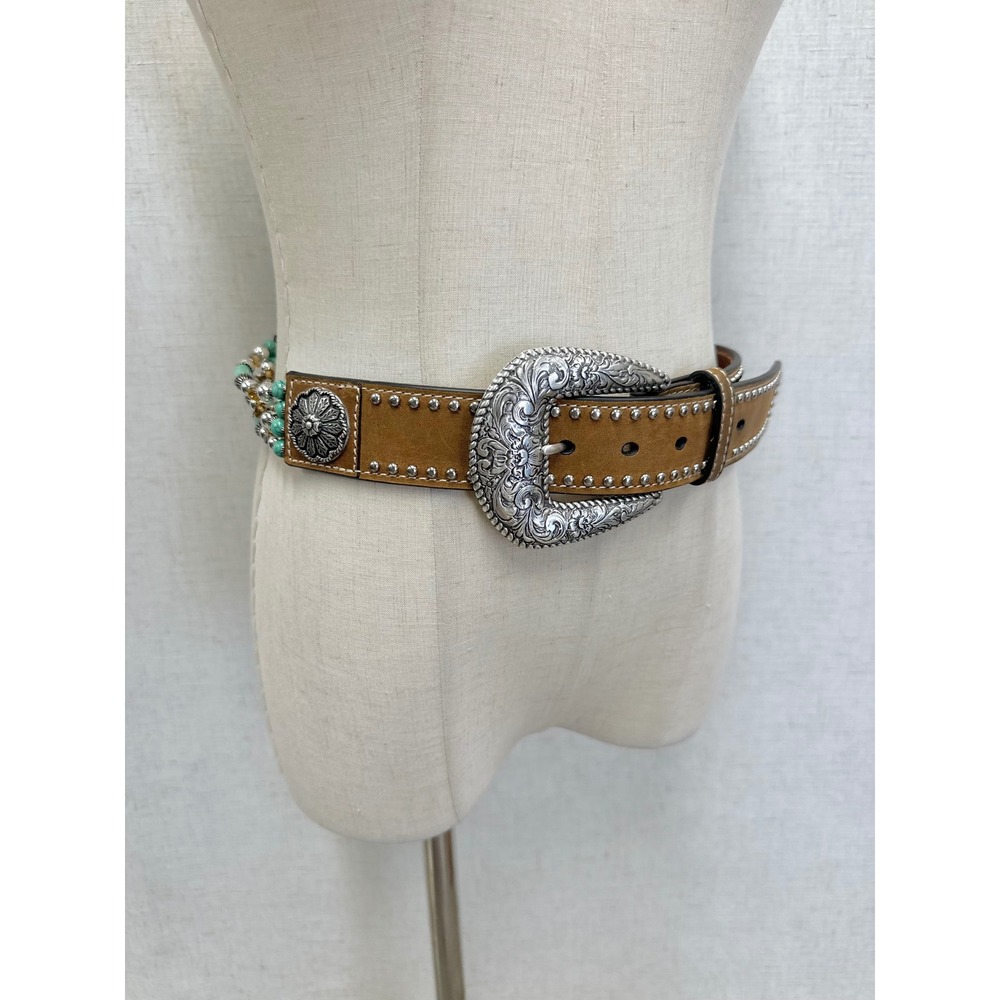 Nocona Tan Leather Turquoise Stranded Beaded Studded‎ Western Belt Womens Small